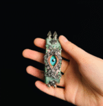 Green Eye Spiked Leather Cuff – Handmade Cyberpunk Bracelet - Image 4