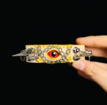 Red Eye Spiked Leather Cuff – Handmade Punk Rock Bracelet - Image 3